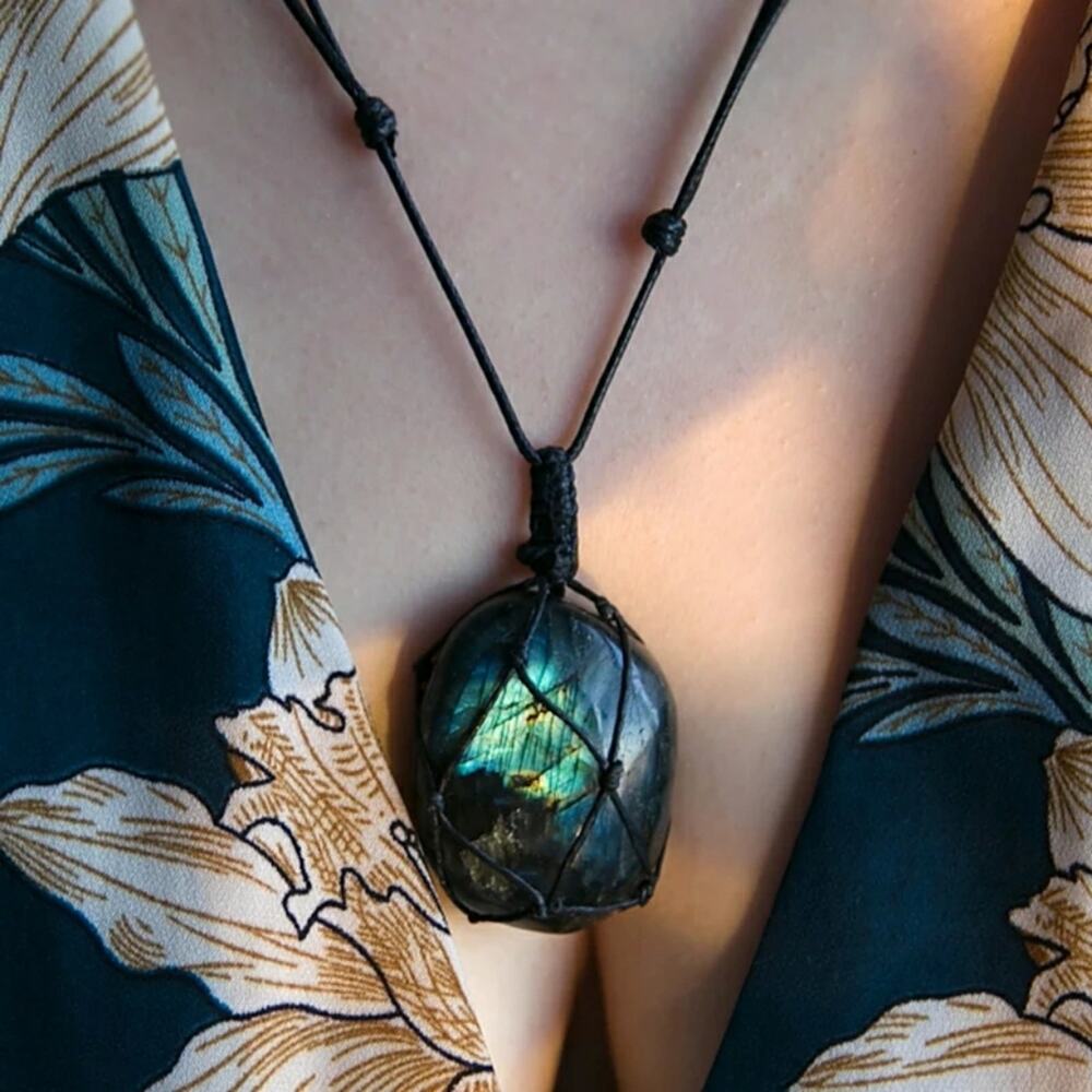 Genuine Labradorite Black Rope Necklace